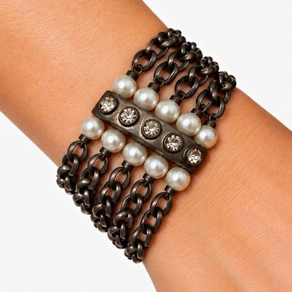 Givenchy Signed Black Cable Chain Faux Pearl Clear Rhinestone Bracelet